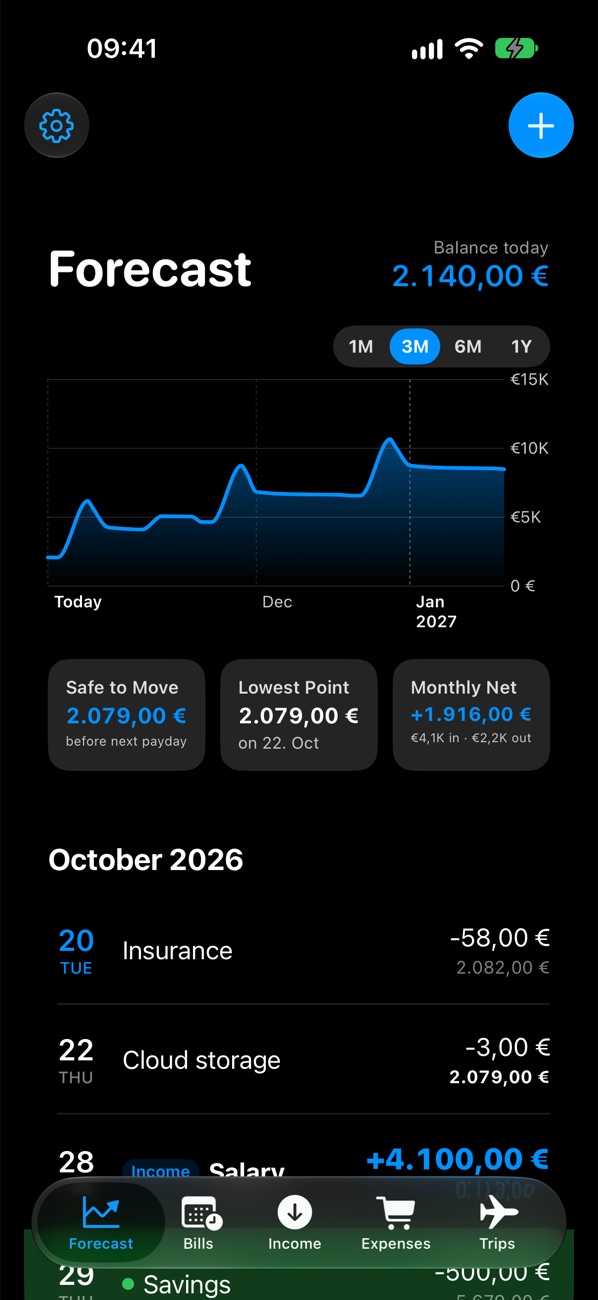 Cash Flow on iPhone: today's balance, a three-month chart, and upcoming bills