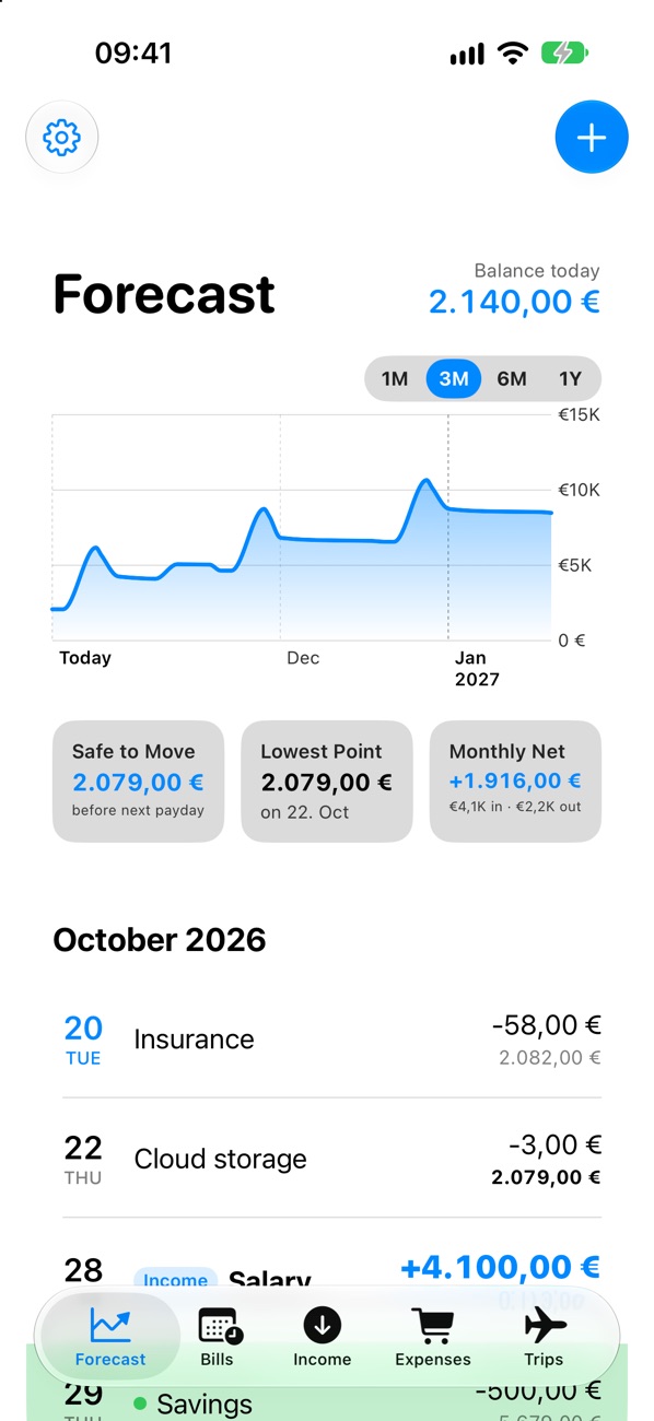Cash Flow on iPhone: today's balance, a three-month chart, and upcoming bills