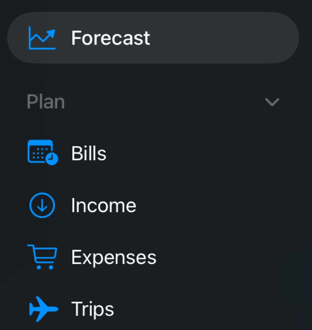 Sidebar with Forecast, Bills, Income, Expenses and Trips